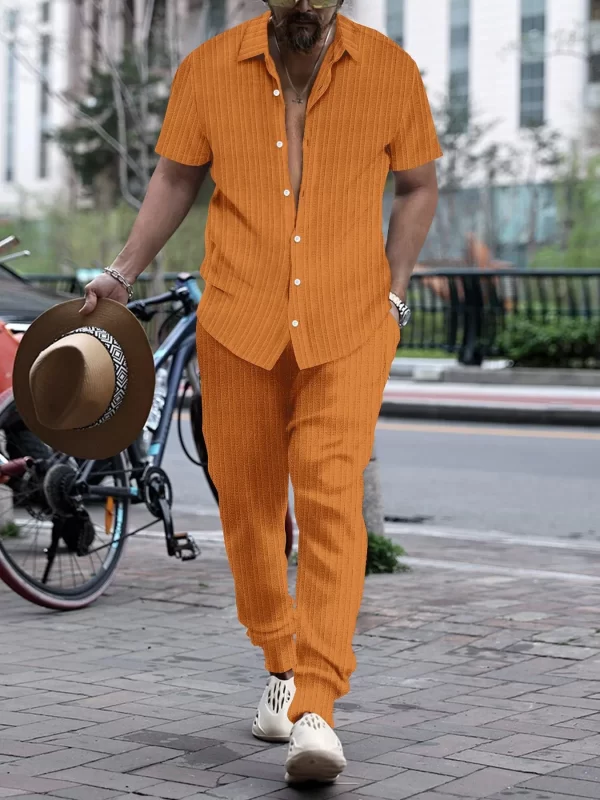 2024 Summer Thin Men's Casual Lapel Solid Color Micro Stretch Shirt Loose Striped Short Sleeve Pants Beach Suit
